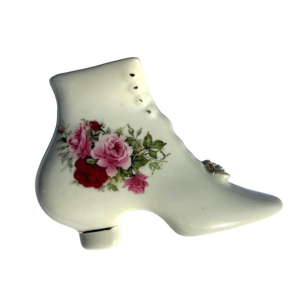 Baum Bros Formalities Porcelain High Heel Figurine White Pink Roses Gold Trim